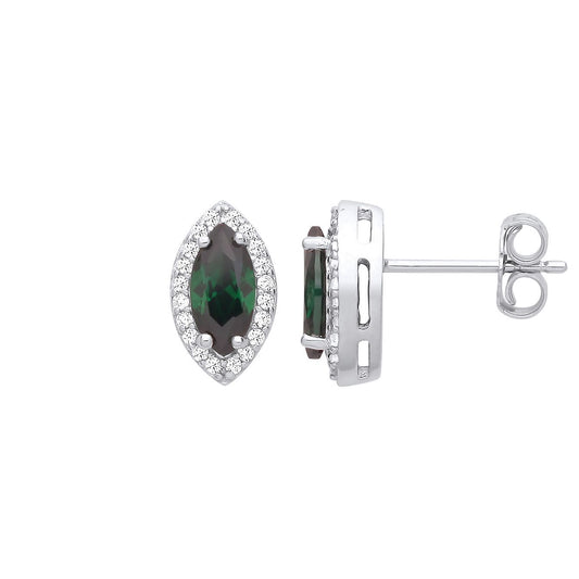 925 Silver Green Marquise CZ Cats Eyes Halo Cluster Stud Earrings - EAG1250