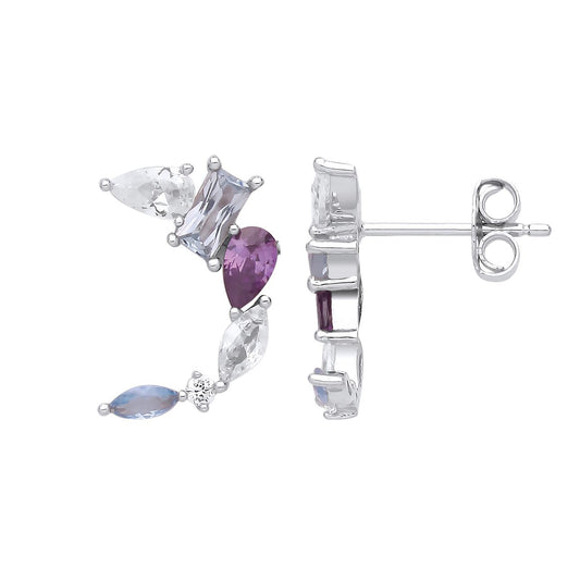 Silver Purple Blue Pear Radiant CZ Dolphin Arc Drop Earrings - EAG1251