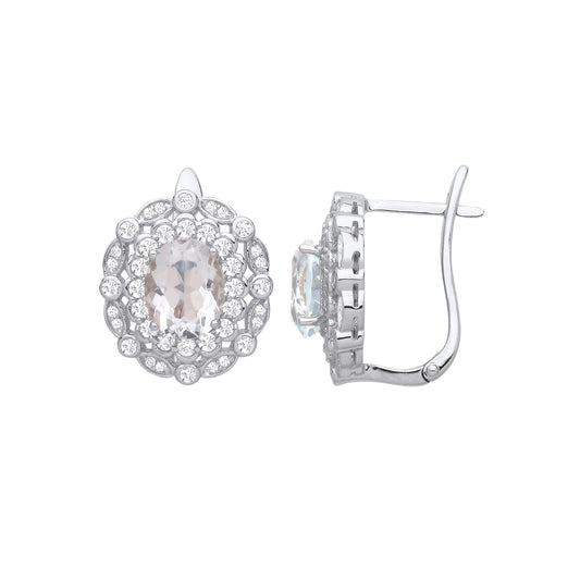 Silver Green Oval Quartz CZ Scallop Edge Peapod Drop Earrings - EAG1252