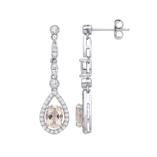 Silver Peach Oval CZ Raindrop Chandelier Pear Halo Drop Earrings - EAG1253