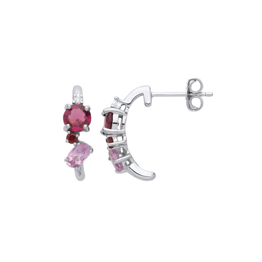 Silver Garnet Lilac Oval CZ Arced Bridge Toi et Moi Drop Earrings - EAG1254