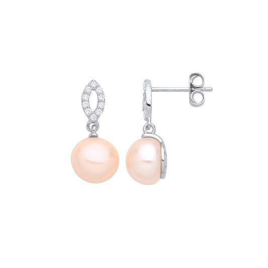 Silver Peach Pearl CZ Cats Eye Pink Harvest Moon Drop Earrings - EAG1257