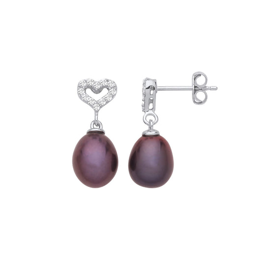 Silver Oval Pearl CZ Heart Purple Peacock Plum Drop Earrings - EAG1258