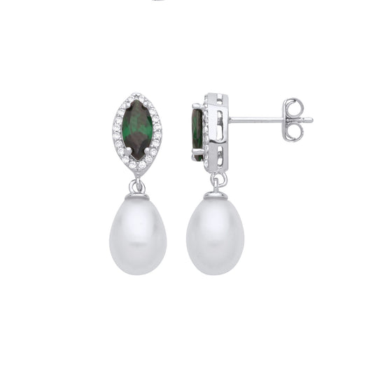 Silver Cream Green Pear Pearl CZ Cats Eyes Halo Drop Earrings - EAG1259