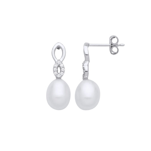 925 Silver Cream Oval Pearl CZ Double Teardop Halo Drop Earrings - EAG1260