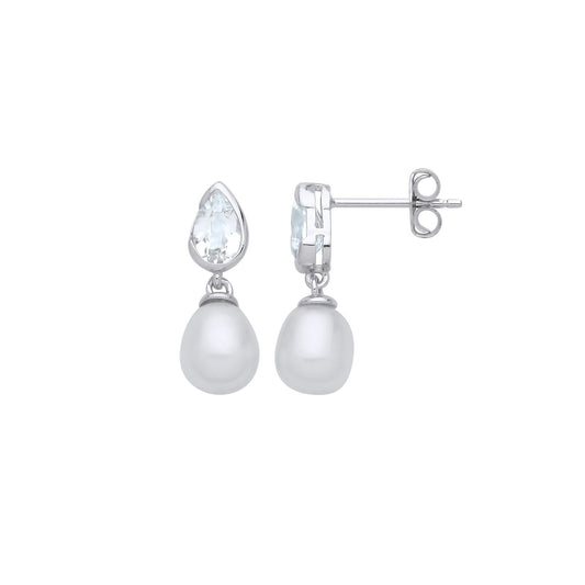 925 Silver Cream Pear Pearl CZ Bezel Halo Teardrop Drop Earrings - EAG1262
