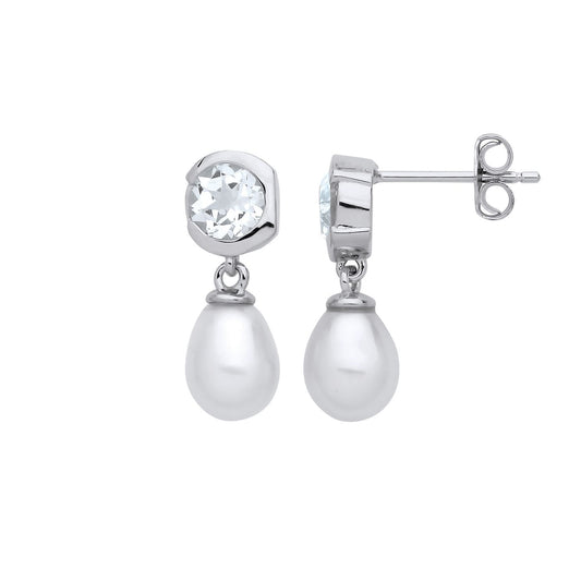 925 Silver Cream Pear Pearl CZ Donut Bezel Halo Drop Earrings - EAG1263