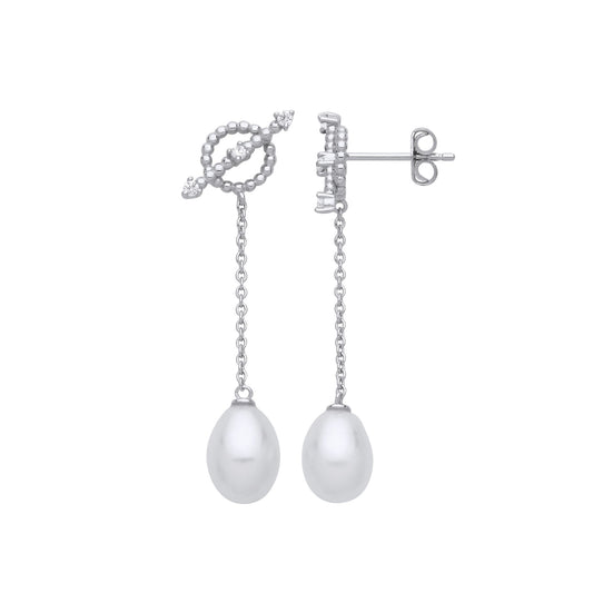 Silver Cream Oval Pearl CZ Saturn Bead Rolo Chain Drop Earrings - EAG1264