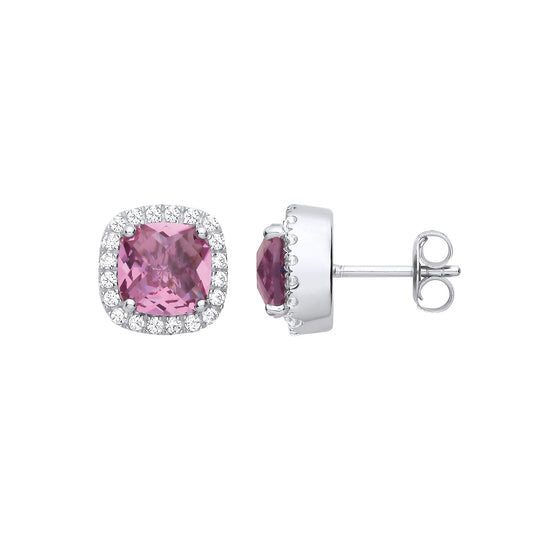 925 Sterling Silver Pink Cushion CZ Halo Stud Earrings - EAG1269AMY