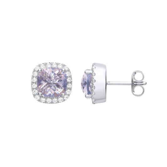 925 Sterling Silver Lilac Cushion CZ Halo Stud Earrings - EAG1269AQ