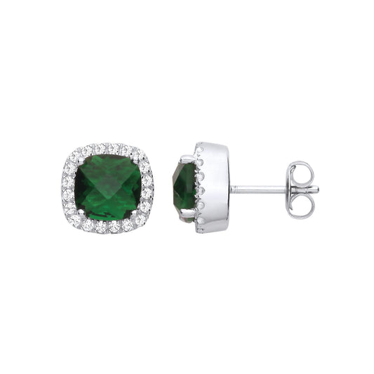925 Sterling Silver Green Cushion CZ Halo Stud Earrings - EAG1269EM