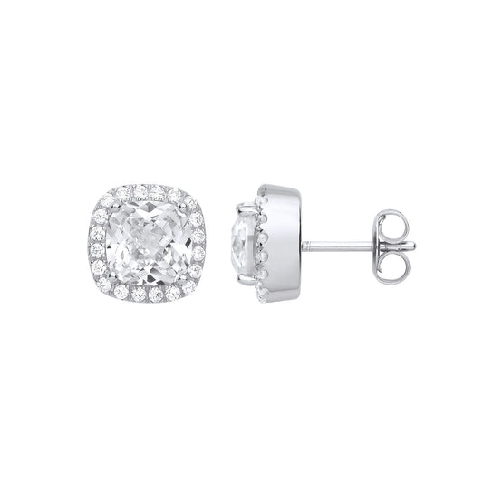 925 Sterling Silver Cushion CZ Halo Stud Earrings - EAG1269WH
