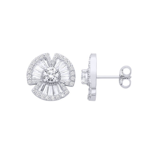 Platinum Plated Silver Baguette CZ Art Deco Clover Bow Solitaire Stud Earrings 14mm - EAG1270