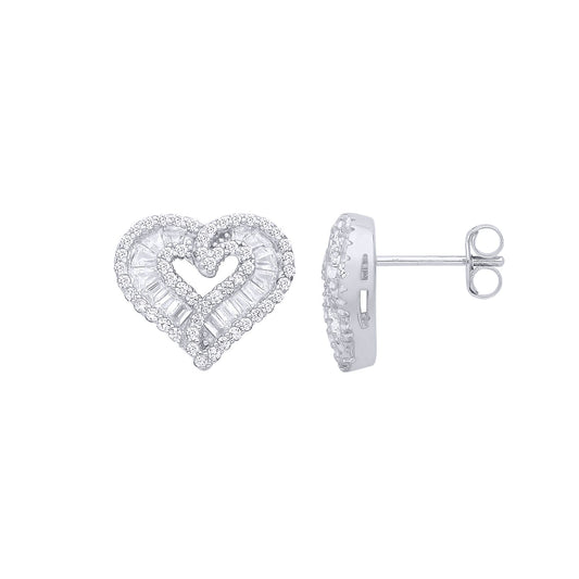 Silver Baguette CZ Angel Wings Love Heart Stud Earrings - EAG1280