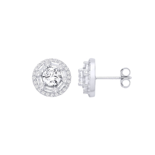 Silver Baguette CZ Shisha Solitaire Halo Cluster Stud Earrings - EAG1281