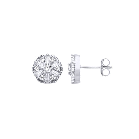 Silver Baguette CZ Scallop Shisha Sunburst Cluster Stud Earrings - EAG1283