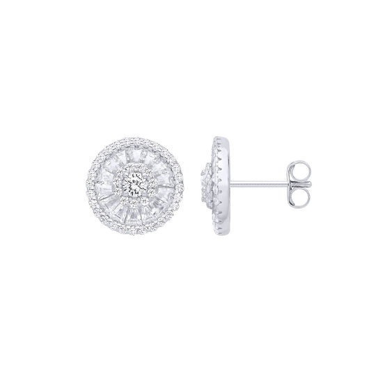Silver Baguette CZ Triple Halo Solitaire Cluster Stud Earrings - EAG1285
