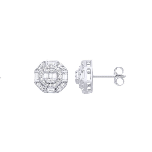 Silver Baguette CZ Octagon Chamber Halo Cluster Stud Earrings - EAG1286