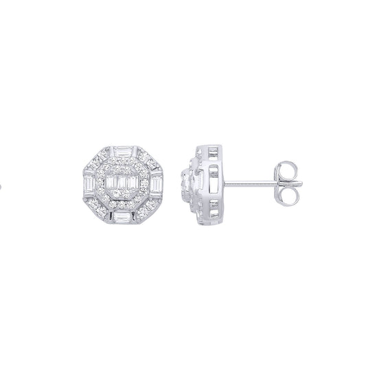 Silver Baguette CZ Octagon Chamber Halo Cluster Stud Earrings - EAG1286