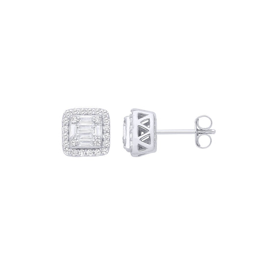 Silver Baguette CZ Square Chamber Halo Cluster Stud Earrings - EAG1287