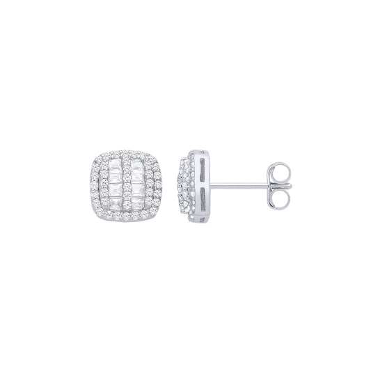 Silver Baguette CZ Striped Cushion Cluster Stud Earrings - EAG1288