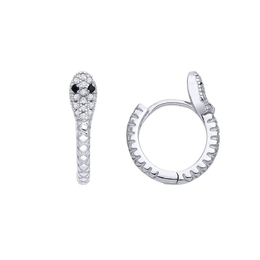 Silver Black CZ Coiled Snake Huggie Hoop Earrings - EAG1292