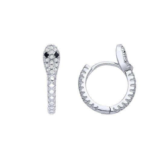 Silver Black CZ Coiled Snake Huggie Hoop Earrings - EAG1292