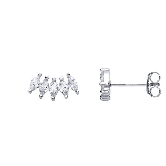 Silver Marquise CZ Curved 5 Stone Arc Stud Earrings - EAG1295