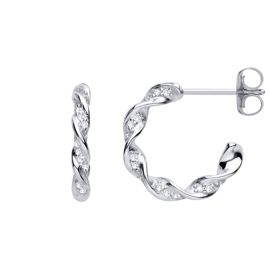 Silver CZ Frosted Encrusted Candy Twist 3/4 Hoop Drop Earrings - EAG1298