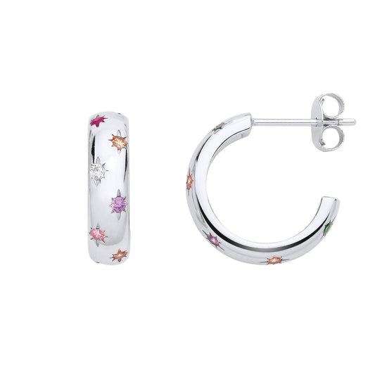 Silver Peach Pink Lilac CZ D-Shape Dome 3/4 Hoop Drop Earrings - EAG1299