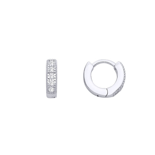 Silver CZ Bead Edge Pave Eternity Huggie Hoop Earrings - EAG1301