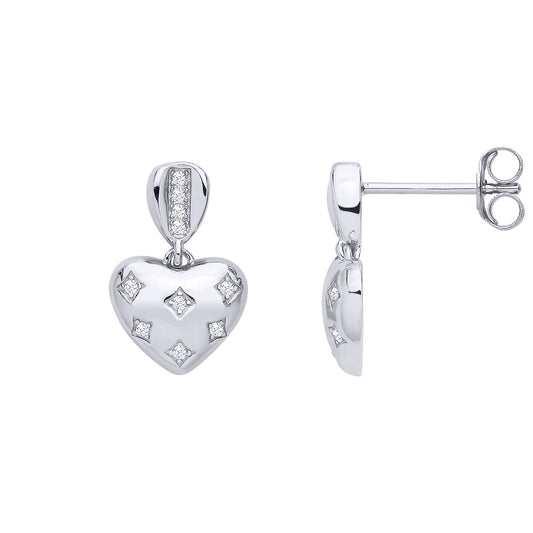 Silver CZ Love Heart Pillow Drop Earrings - EAG1304