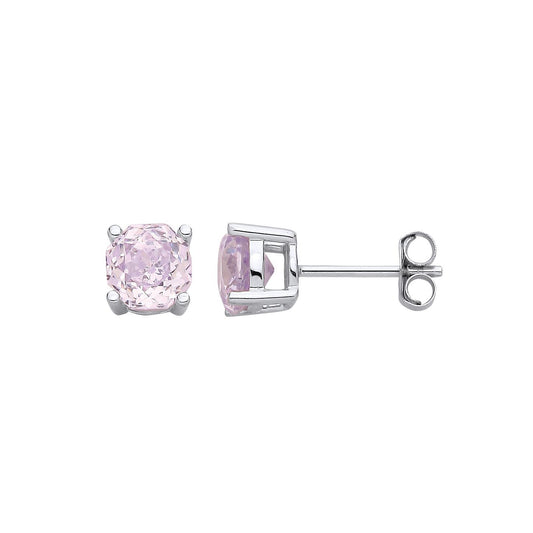 Silver Pink Octagon CZ Rose Cut 4Claw Solitaire Stud Earrings 6mm - EAG1305-P