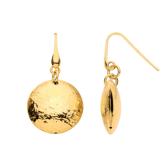 Gold Plated Sterling Silver Puffed & Barked Circle Drop Earrings - EAG1307
