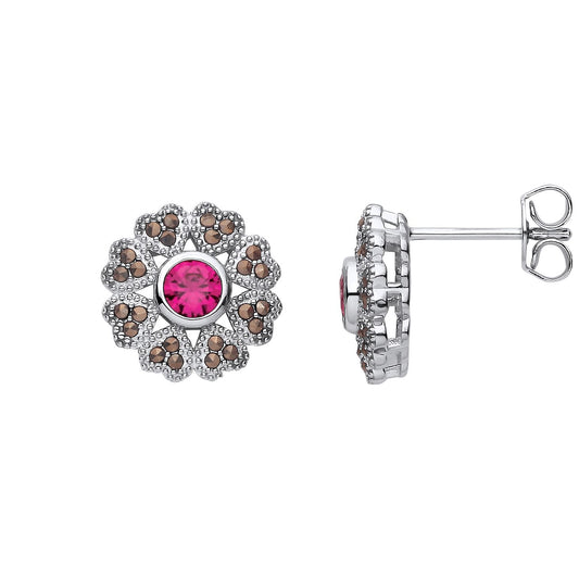 Sterling Silver CZ & Ruby Flower Stud Earrings - EAG1311