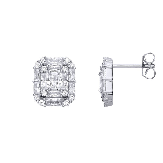 Silver Radiant CZ Illusion-Emerald-cut Puzzle Drop Earrings - EAG1315
