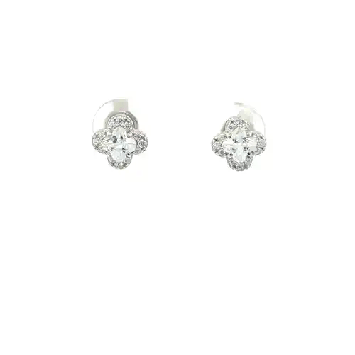 Silver Clover CZ Clover Solitaire Cluster Stud Earrings - EAG1316