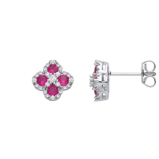 Silver Red CZ Clover Kiss Quatrefoil Cluster Stud Earrings - EAG1317