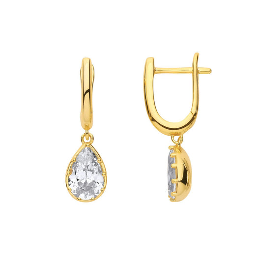 Gilded Silver Pear CZ Golden Raindrop Bezel Drop Earrings - EAG1319