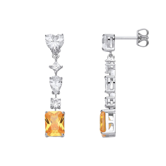 Silver Yellow Heart & Pear CZ Amber Sunset Tiered Drop Earrings - EAG1323