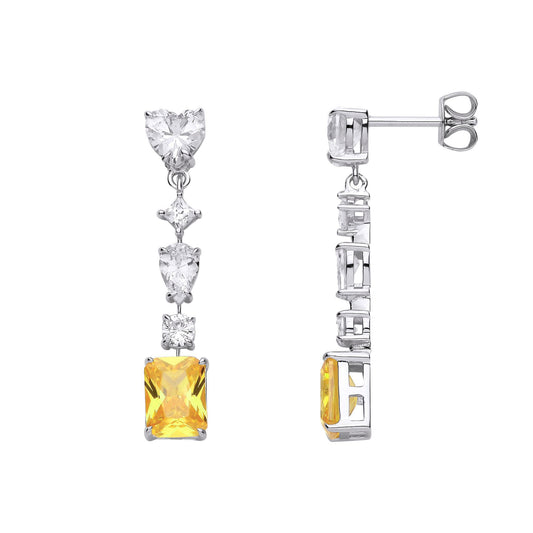 Silver Yellow Heart & Pear CZ Amber Sunset Tiered Drop Earrings - EAG1323