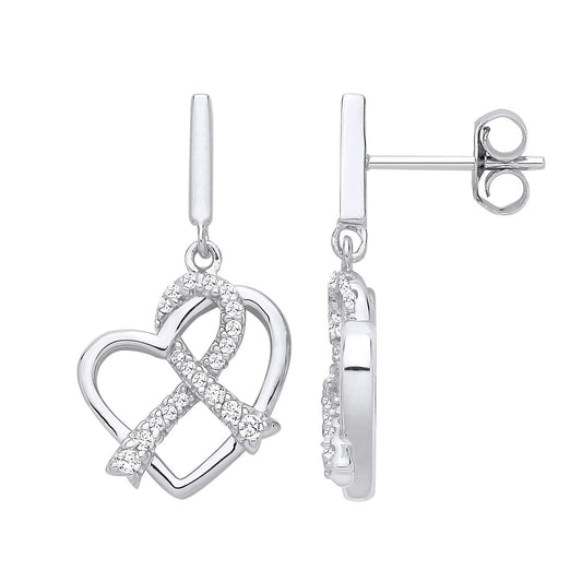 Silver CZ Twined Love Heart Pave Ribbon Drop Earrings - EAG1326