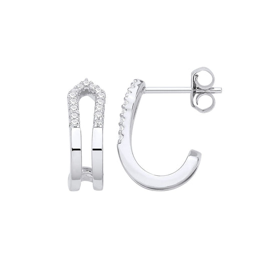 Sterling Silver CZ Double Row Half Hoop Earrings - EAG1330