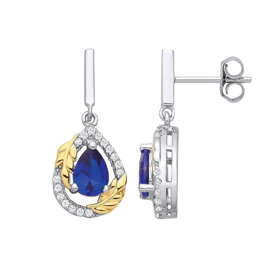 Gold-plated Silver Blue CZ Pearl Olive Branch Leaf Drop Earrings - EAG1332