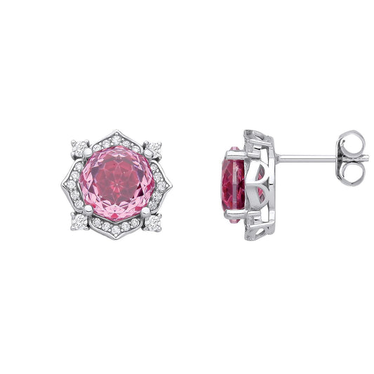 Silver Pink Octagon CZ Quatrefoil Petal Rose-cut Drop Earrings - EAG1335PINK