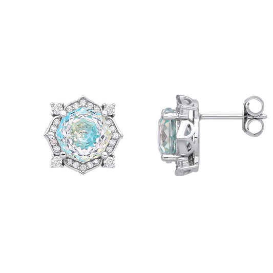 Silver Blue Octagon CZ Quatrefoil Petal Rose-cut Drop Earrings - EAG1335PT
