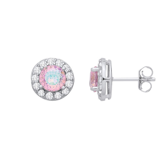 Silver CZ Pink With Green Birds Nest Cut Round Stud Earrings - EAG1336PINK