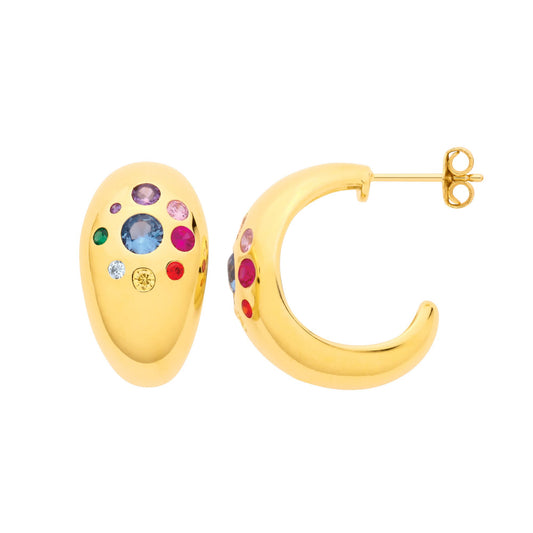 Gold Plated Silver Multi Coloured CZ Domed Half Hoop Earrings - EAG1340