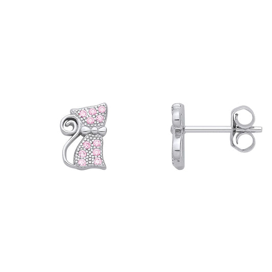 Sterling Silver Pink CZ Cat Stud Earrings - EAG1346