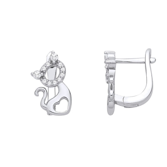 Silver CZ Love Heart Kitty Kat Halo Cat Silhouette Drop Earrings - EAG1347